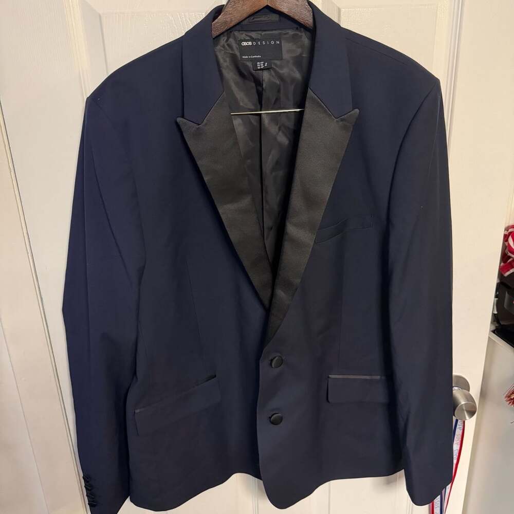 Asos Design Tuxedo Jacket US 48 Navy Satin Peak Lapel